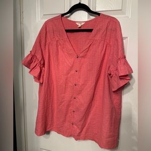 Terra & Sky Top Womens Plus Size 1X Pink Short Sleeve Ruffle Cotton Shirt Casual